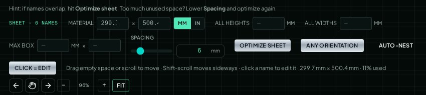 WeldWords batch sheet controls: material size, all heights, all widths, spacing and Optimize sheet