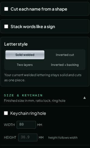 WeldWords right settings panel with letter style, width and height in mm, and keychain ring hole
