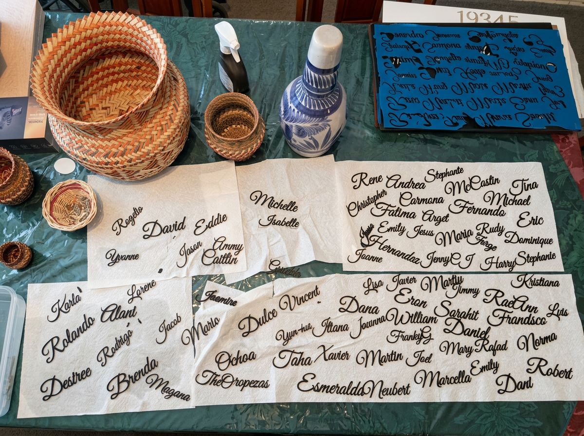 A material sheet filled with connected laser-cut script names made in WeldWords