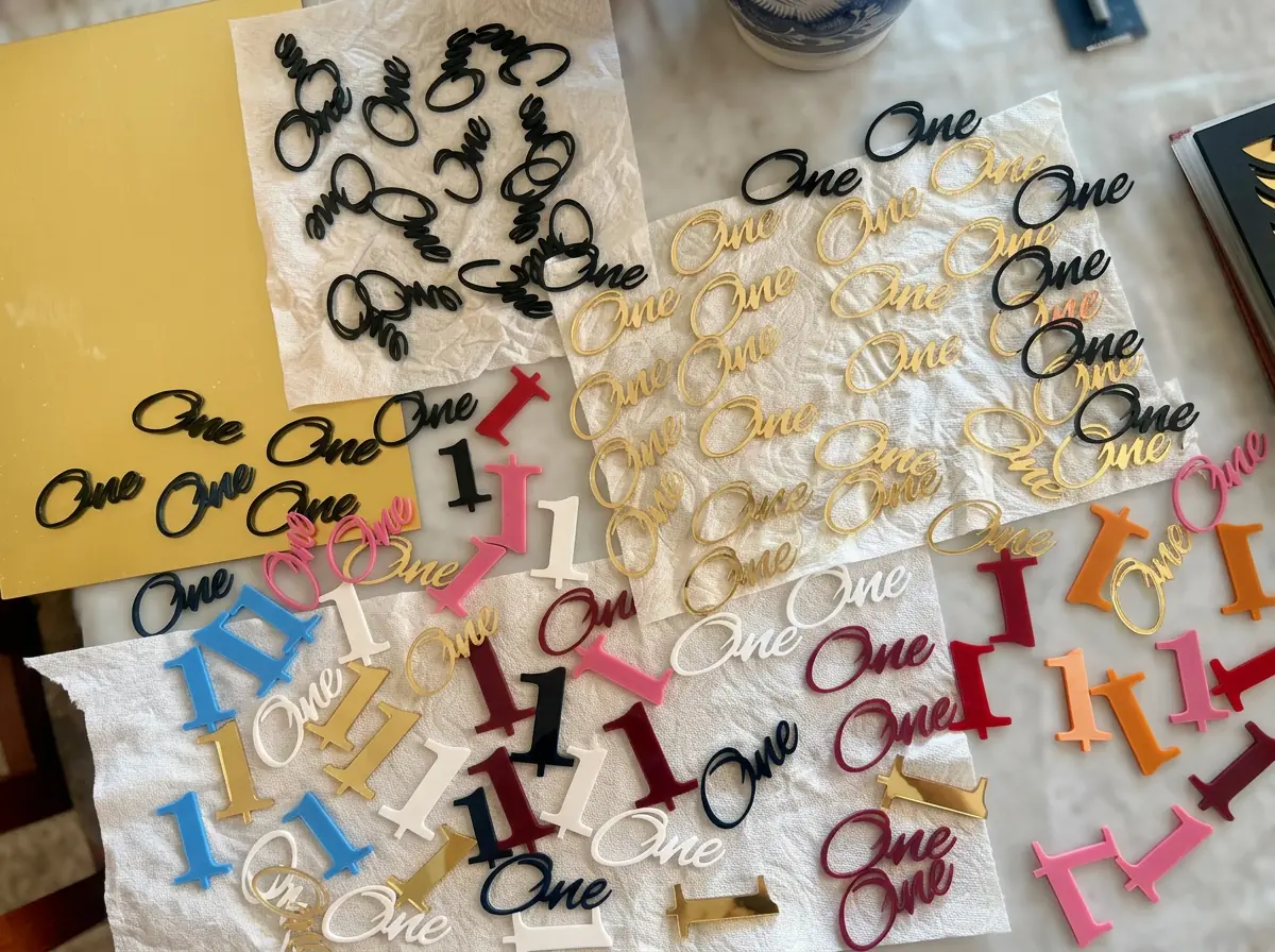 Colorful first birthday keychain pieces created from WeldWords connected vectors